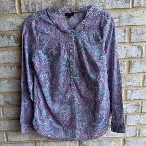 Talbots Long Sleeve Ruffle Neck Paisley Print Blouse Women's Size XS.